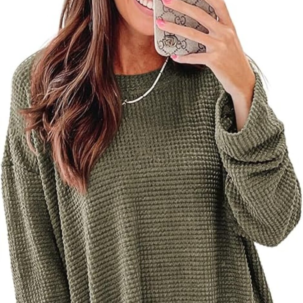 Amazon SHEWIN Long Sleeve Oversized Olive Green Crewneck Waffle Knit Top